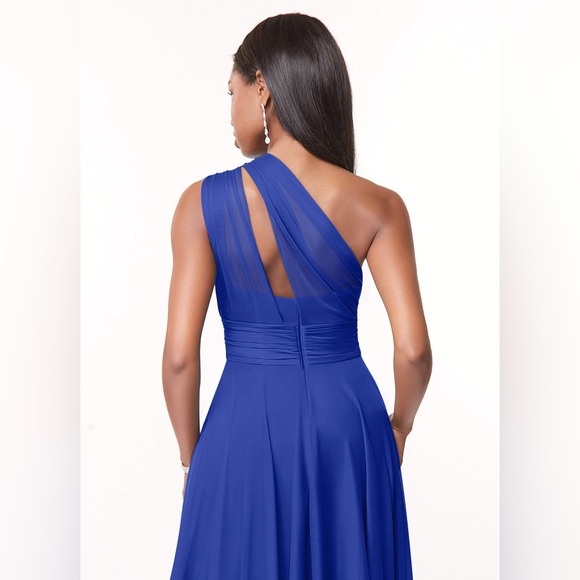 Azazie Charlize A-Line One Shoulder Mesh Floor-Length Dress Royal Blue - Picture 5 of 8